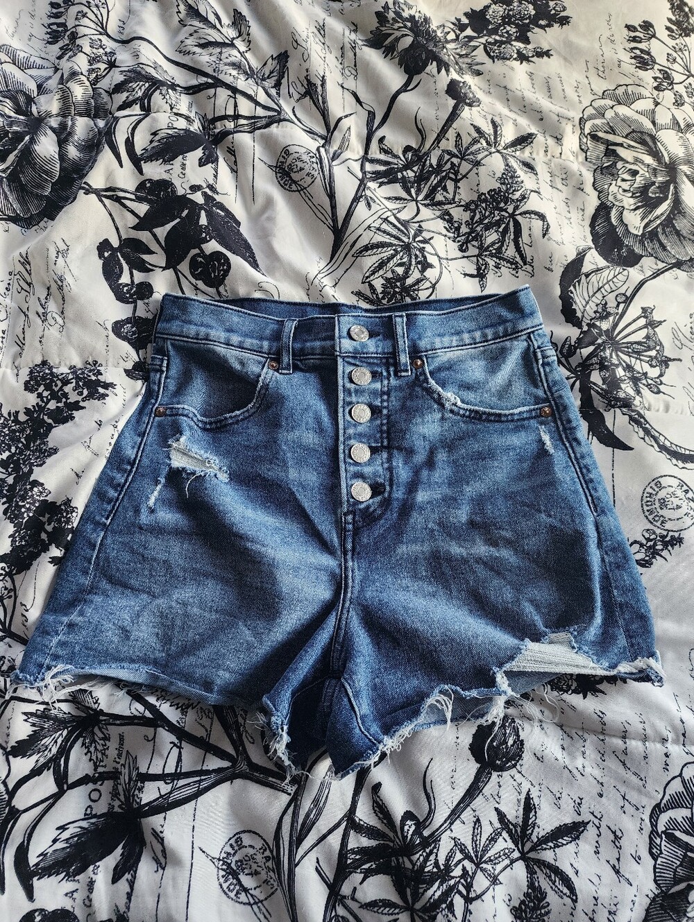 Express Blue Distressed High-Rise Denim Mom Shorts